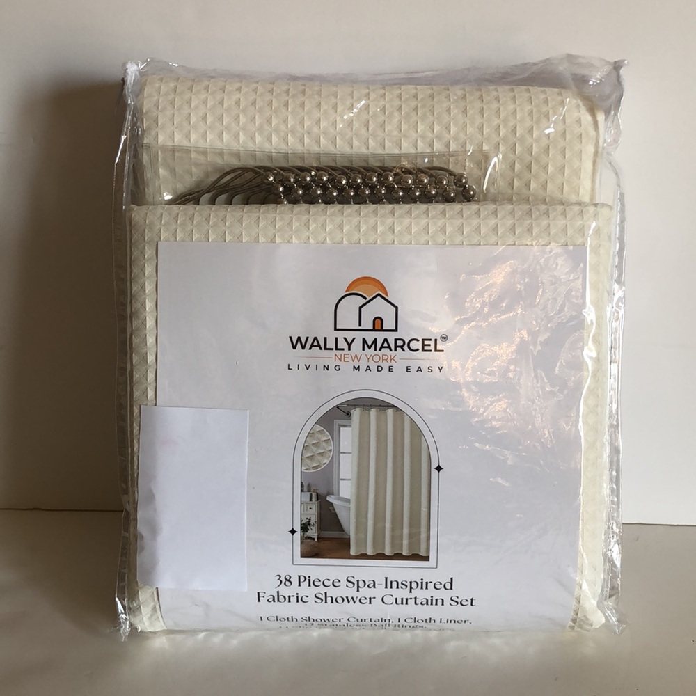 Wally Marcel 4 in 1 Soft Fabric Shower Curtain Set, 72 x 72, Ivory Cream